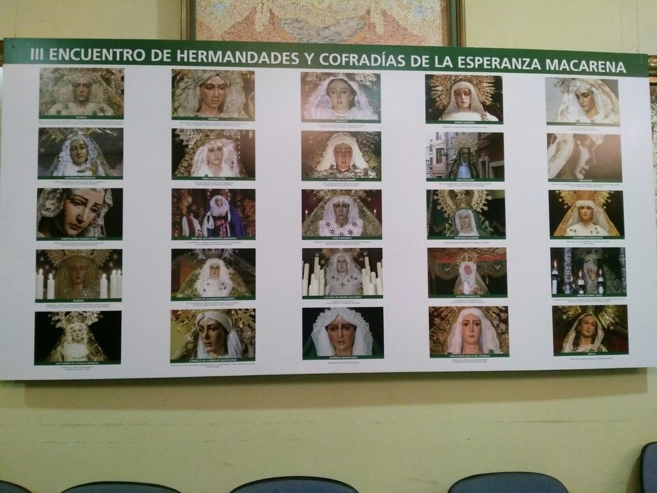 Panel con las 25 imágenes de cada Virgen de las Hermandades de la Macarena. 