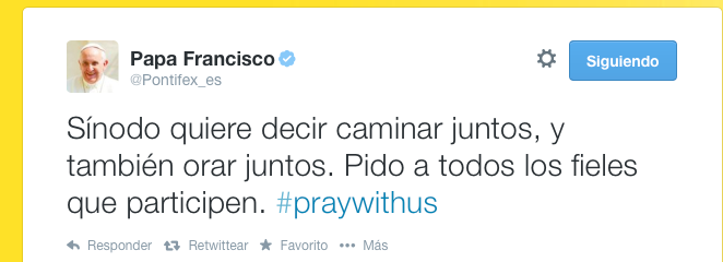 Tweet del Papa en el que pide oraciones por el Sínodo