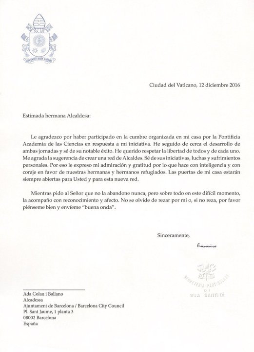 Carta del Papa enviada a Ada Colau. 